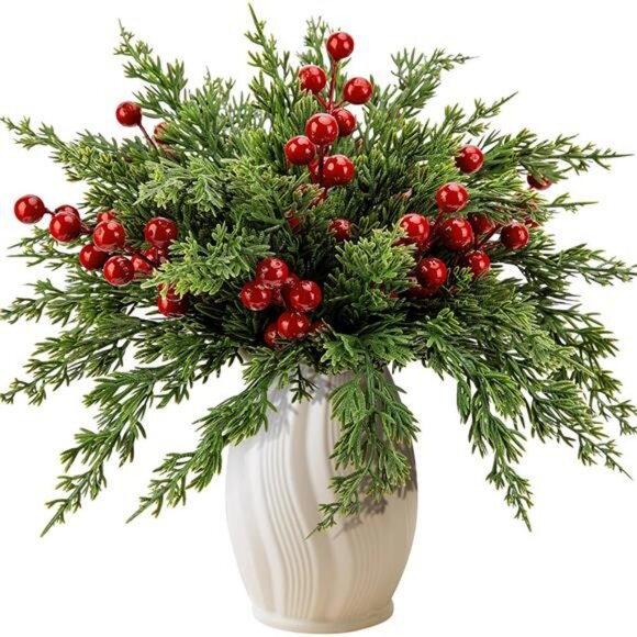 45 Pcs Christmas Artificial Pine Branches with Red Berry Stems- 10.5" - Picture 1 of 7
